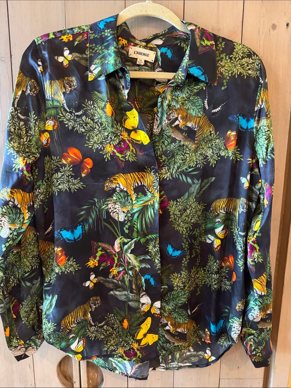 L’Agence Black Silk Tiger and Butterfly Blouse M